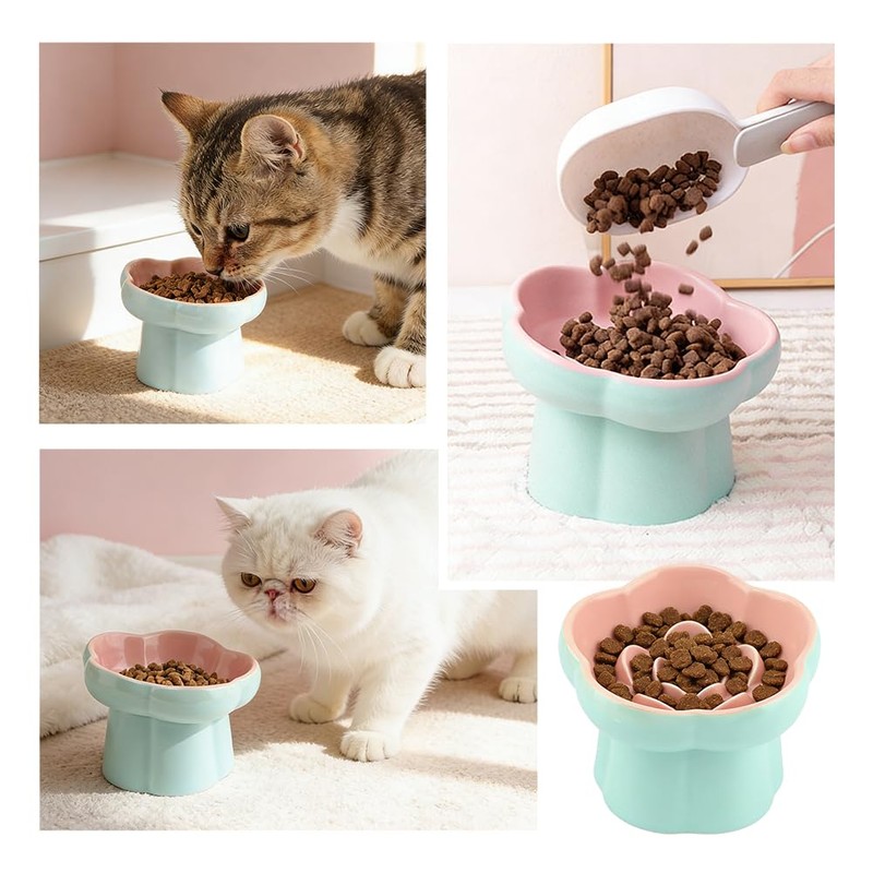 Meirivrn Ceramic Elevated Slow Feeder Cat Bowl, Tilted Flower-Shaped Cat