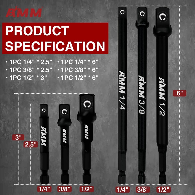 AMM 6-Piece Impact Grade Socket Adapter Set, 3-Inch & 6-Inch