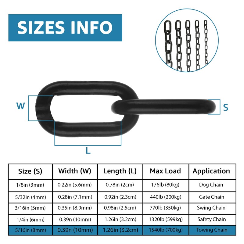 AKOLAFE 5/16 Black Chain Link 13.1ft Heavy Duty Chain Grade