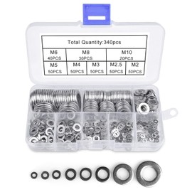 Diompirux Pack of 340 Flat Washers Stainless Steel, 8 Sizes, High-Quality Stainless Steel Washers with an Assortment Box, for Screws, Nuts, Threaded Rod (M2, M2.5, M3, M4, M5, M6, M8, M10)