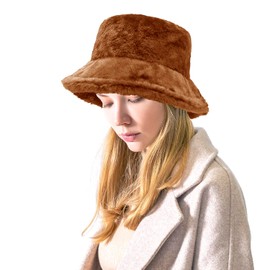 Women Plush Fluffy Bucket Hat Warm Lining Winter Faux Fur Cozy Wide Brim Winter (Rust)