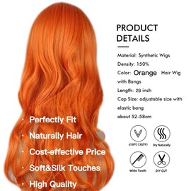 Tangyaoyusun 28Inch Orange Wig with Bang Long Wavy Curly Hair Cosplay Wig For Girls Women Theme Party (Orange)