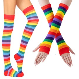 Womens Girls Rainbow High Socks Gloves Knee High Socks Cosplay Rainbow Striped Leg Arm Warmer Fingerless Gloves Set Accessories