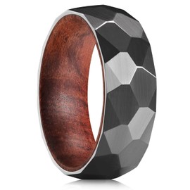 King Will Black Hammered Gunmetal Domed Titanium Rings for Men Inner Hole Inlaid Wood Hammered 8mm Brushed Engagement Mens Wedding Band 12