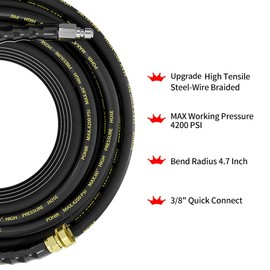 POHIR Power Washer Hose 25FT x 1/4 Inch with 3/8" Quick Connector, High Tensile Wire Braided Heavy Duty Kink Resistant High Pressure Hose 4200PSI, 2 Pcs M22 to 3/8 Adapters Set Accessories
