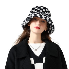 OneChance Women's Warm Winter Hat, Plush Hat for Women, Thick and Soft Bucket Hat for Outdoor Activities, Checked Black