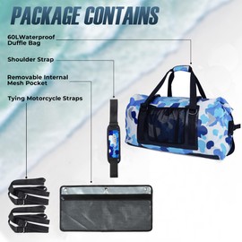 AFISHTOUR 65L Waterproof Duffel Bag for Men and Women - Large Motorcycle Duffle Bag with Straps for Back Seat - Roll Top Dry Bag for Kayaking, Rafting, Boating, Swimming, Camping, Travel, Beach (Blue)