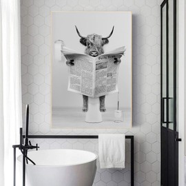 WADBTP Fashionable Lady Picture Set, Black White Cute Animal Picture, Funny Scottish Highland Cow Wall Art in Bathtub, for Living Room, Bathroom, Bedroom, Decor, Frameless (1pc-DW1, 1pc-30x40cm)