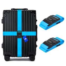 BILIONE Luggage Straps for Suitcases 2 Pack with Password Lock & Metal Airplane Tags, TSA Approved Suitcase Belt Strap, Adjustable Luggage Connector Straps to Connect Two Bags 20-34 Inch (Blue)