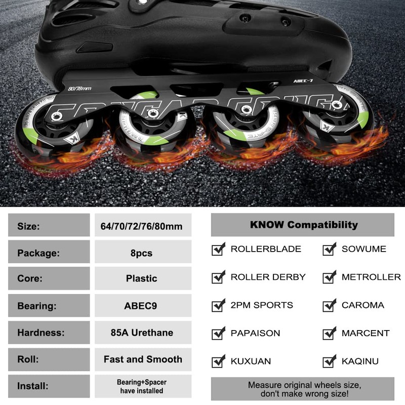 8 Pack Inline Skate Wheels 72mm 76mm 80mm Inline Replacement