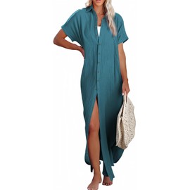 Dokotoo Swimsuit Coverup for Women 2025 Summer Dresses Vacation Outfits Beach Button Down Kimonos Long Cardigan Short Sleeve Casual Solid Loose Fit Bathing Suit Swim Cover Up for Swimwear Blue XS