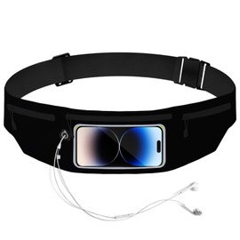 Running Belt Waist Pack with Touch Screen Window, Adjustable Fanny Pack for Phone, Earphone Port, White (Black)