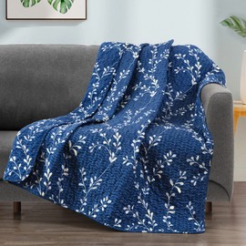 Exclusivo Mezcla Microfiber Flower Pattern Quilted Throw Blanket for Bed/Couch/Sofa, Soft and Lightweight (50"x 60", Navy Blue)