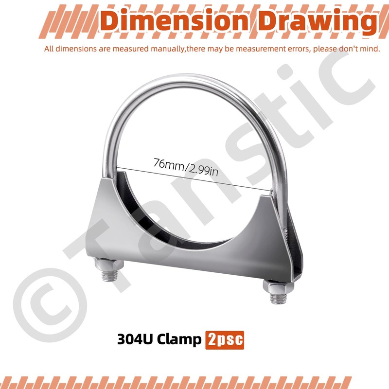 Tanstic 2Pcs U-Bolt Exhaust Clamps, 3 in Stainless Steel Muffler