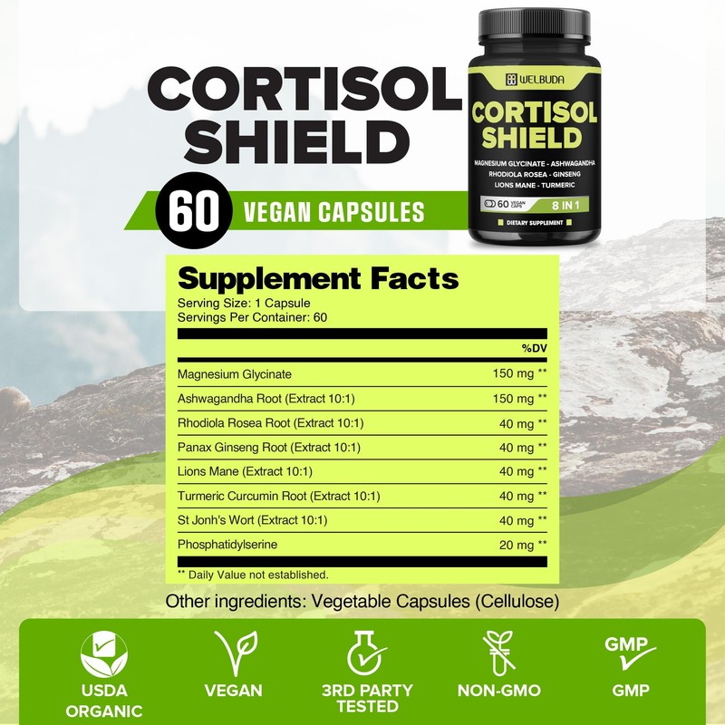 WELBUDA 8in1 Cortisol Shield - Ashwagandha and Magnesium, Rhodiola Rosea,