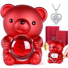 Aloskart Eternal Rose Bear Gift Box with Necklace, Eternal Rose Box, Rose Bear Women Mother's Day Gifts for Mum, Mother Gift, Mother's Day, Birthday Gift (Silver Chain)