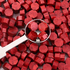 Yoption 300 Pieces Wind Red Wax Seal Beads, Vintage Octagon Wax Seal Beads with 4 Candles and 2 Wax Seal Melting Spoons for Wax Seal Stamps (Wind Red)