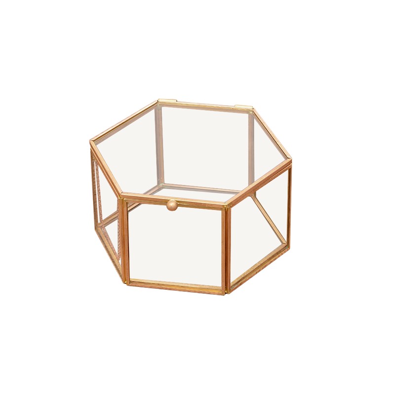 Hexagon Shape Geometric Transparent Glass Flower Room Glass Ring Box