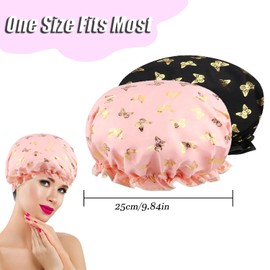 Shower Cap Elastic Band Double Layer Waterproof Bath Caps Reusable Shower Hat with Ruffles Covering Ears for Women Girls Shower Spa Salon (Butterfly pink)