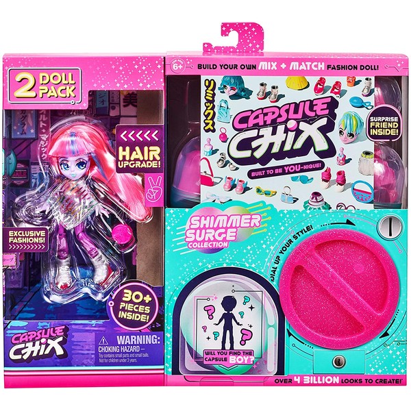 Capsule Chix Shimmer Surge 2 Pack, 4.5 inch Small Doll with Capsule Machine Unboxing and Mix and Match Fashions and Accessories, 59229