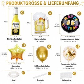 Koboko Set di palloncini per bottiglie di birra, 12 pezzi, colore oro, con boccale di birra, stelle e Happy Birthday