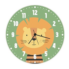 GRAVURZEILE Children's Wall Clock with Lion Motif, Silent Children's Wall Clock Suitable for Girls and Boys, Colourful Learning Clock for Children, 30 cm, Easy to Read Time, Colourful Lion Design