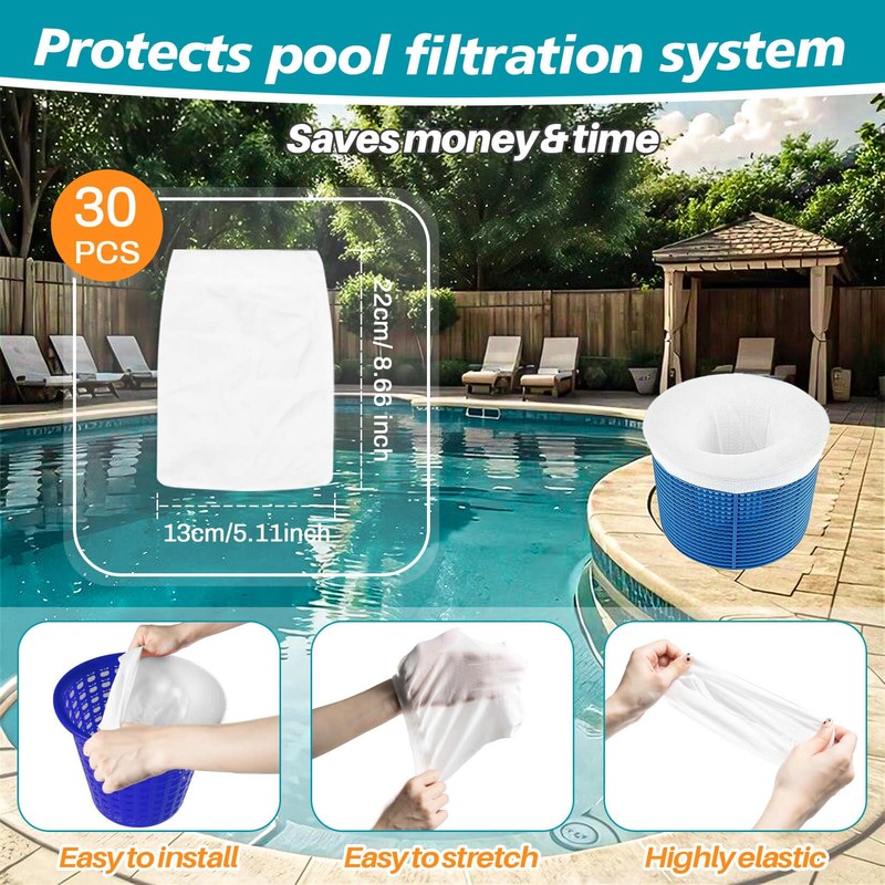 RAINFLOW 30-Pack Pool Skimmer Filter-Socks - Pool Socks for Skimmer