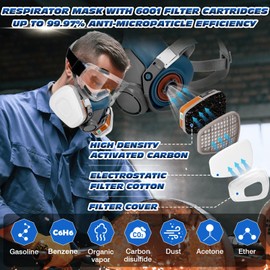 BIWTYYD Respirator Mask with Filters and Goggles, Chemical Respirators Gas Mask for Paint, Epoxy Resin, Organic Vapor, Dust, Welding Respirator Blue