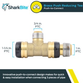 SharkBite 1-1/4 Inch x 1 Inch x 3/4 Inch Reducing Tee, Push To Connect Brass Plumbing Fitting, PEX Pipe, Copper, CPVC, PE-RT, HDPE, UXL08352822