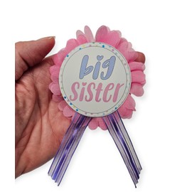 Big Sister Badge Pin Baby Shower Pink Chiffon flower & Purple ribbons for the new sister to wear at Baby Shower, Baby Sprinkle, One Size, cardstock satin ribbon, no gemstone