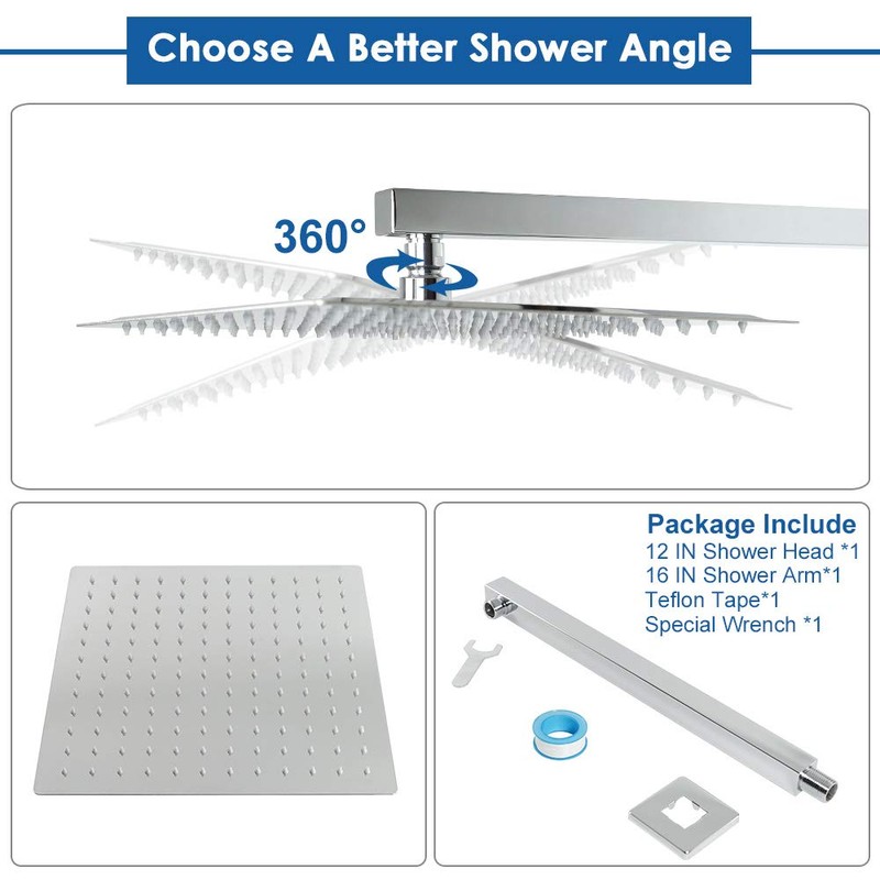 HarJue Shower Head with Extension Arm, High Pressure Square with