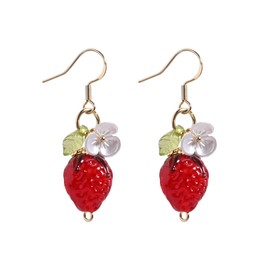 DLYFNVEV Strawberry Earrings Fruit Food Red Beaded Earrings Cute 14K Gold Plated Dangle Earrings For Women White Pearl Flower Red Gold Dangling Earrings Hook