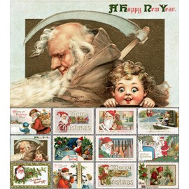 PIXILUV CHRISTMAS SANTA (Pack of 12) Notecards Small Greeting Cards # Joyful Christmas Santa Claus~ Vintage Christmas Postcards Reprint