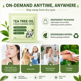 Tea Tree Oil Eyelid Wipes for Blepharitis & Dry Eyes – 100 Individually Wrapped – Gentle Eyelid Cleanser for Demodex Itchy & Stye Eyes – Alcohol-Free Daily Lash & Lid Hygiene Wipes with Chamomile