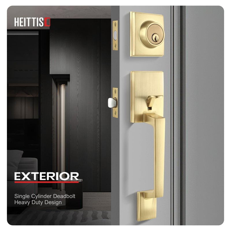 Heittis Entry Door Handles with Deadbolt Set,Gold Square Front Glass