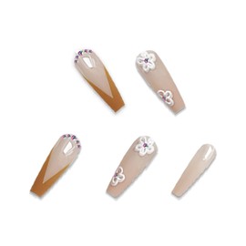 BABALAL Press on Nails Long Coffin Fake Nails Orange Glue on Nails Rhinestones Acrylic Nails 24Pcs Summer Flower Stick on Nails for Women and Girls