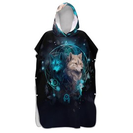 senya Surf Poncho Towel Hooded Beach Towel, Ethnic Wolf with Dreamcatcher Bath Towel Swim Cover Up for Women Men Beach Pool Water Park