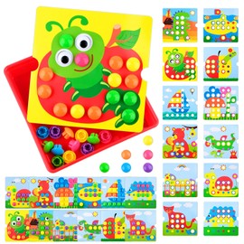 PlsMupn Mosaik Steckspiel ab 2 3 4 Jahre, Montessori Lernspielzeug mit 12 Bildvorlagen & 46 Steckperlen, Farben lernen & Motorik fördern, Pädagogisches Steckspiel für Kinder, Geschenk Junge Mädchen