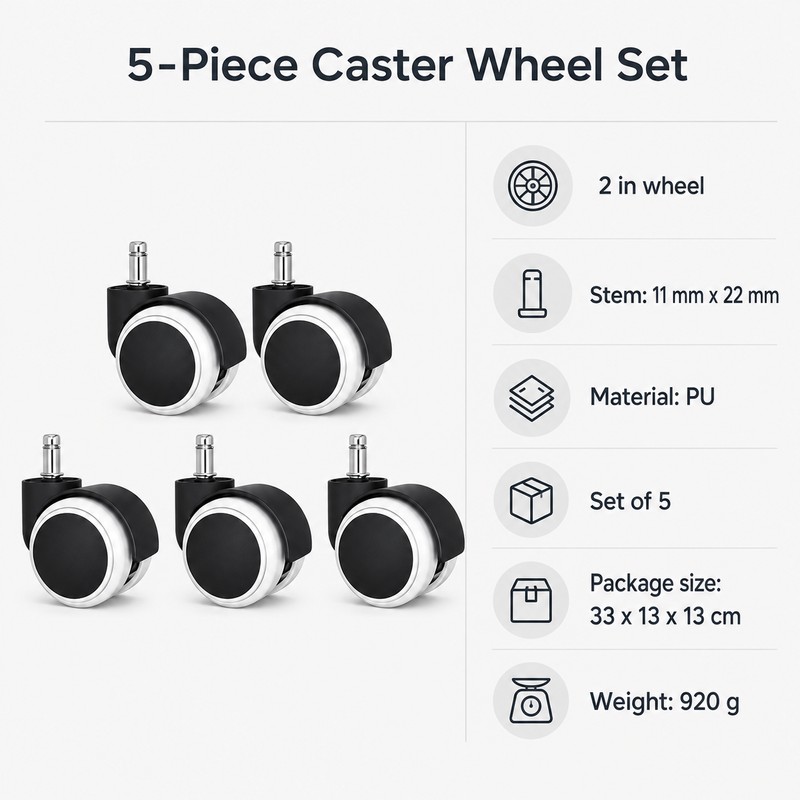 5-Piece Office Chair Caster Wheels for Smooth Rolling – 2-Inch