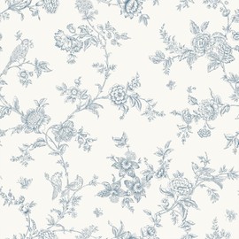 VEELIKE Cottage Blue Toile Wallpaper Peel and Stick Vintage Chinoiserie Birds Floral Wallpaper for Bedroom Bathroom 17.7''x354'' Self Adhesive Floral Wall Paper Contact Paper for Cabinets Shelves