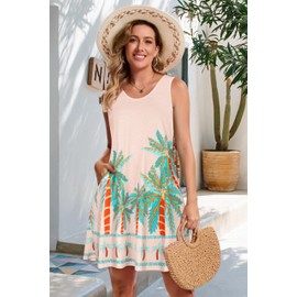 CHICGAL Womens Summer Dresses Casual Sleeveless Loose T Shirt V Neck Sundress Swing Beach Cover Up with Pockets (Apricot Coconut Tree， L)