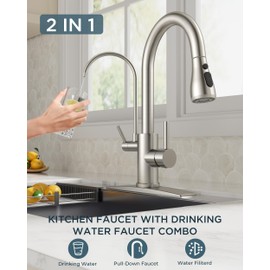 FORIOUS Kitchen Faucets with Water Filter, 2 in 1 Stainless Steel Pull Down Sink Faucet and Purified Water Faucet Rustic High Arc Single Handle with Detachable Deck for 1 or 3 Hole, Brushed Nickel