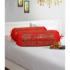 Stylo Culture Traditional Polydupion Cylindrical Hotdog Pillow Bolster Pillow Covers Red Elephant Jacquard Brocade Weave Large Settee Cylinder Cushion Covers (Set of 2) | 30x15 Inches (76x38 cm)