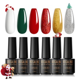 ROSALIND Christmas Semi-Permanent Nail Polish, 6 Colors Mini Semi-Permanent Nail Polish White Green Red Gold Silver Glitter UV/LED Nail Gel Kit Nail Polish Manicure Valentine's Day Gift