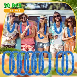 Janinka 50 Pcs Hawaiian Leis for Luau Party, Soft Twist Tropical Flower Necklaces 36 Inch Plastic Lei for Summer Beach, Pool Parties and Tropical Themed Events(Blue)