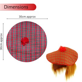 Lizzy Scottish Tam O'Shanter Wig Hat | Red Tartan Hair Cape plus Scottish Flag Tattoos | Fancy Dress Accessory Scotland Sport Supporter Cap