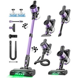 Cordless Vacuum Cleaner, 10 in 1 Stick Vacuum with Powerful Suction, Hose, Green LED Light, Anti-Tangle Brush, Lightweight Rechargeable Vacuum Cleaner for Home, Hardwood Floors,Pet Hair (Purple)