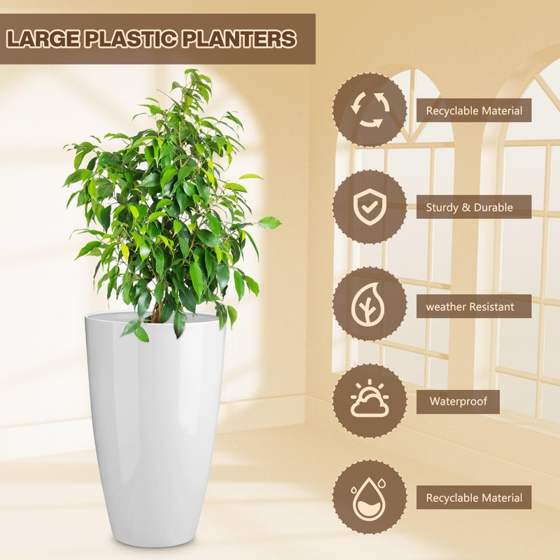 RimCereal 2 Pack 20 Inch Tall Plastic Planters for Indoor