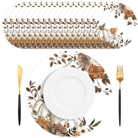 SMUAENSS 50 PCS Fall Pumpkin Flower Paper Placemats Disposable, 13.5 Inch Autumn Thanksgiving Vintage Harvest Round Table Mats Decor for Wedding Birthday Home Party Supplies