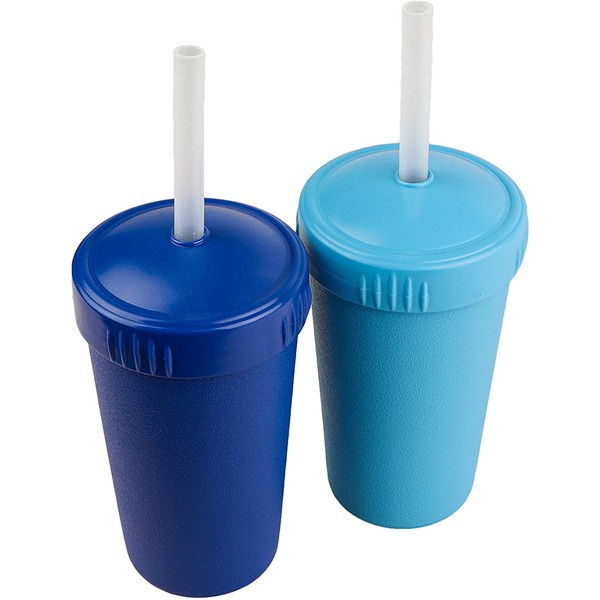 Re-Play Made in USA 2pk Straw Cups w/ Silicone Straws | Made from Eco Friendly Heavyweight Recycled Milk Jugs - Virtually Indestructible | Dishwasher Safe Easy Clean Straws | Navy Blue & Sky Blue